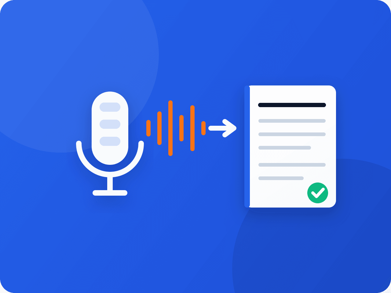 Voice waves flow out of a microphone and turn into the pages of a finished manuscript.